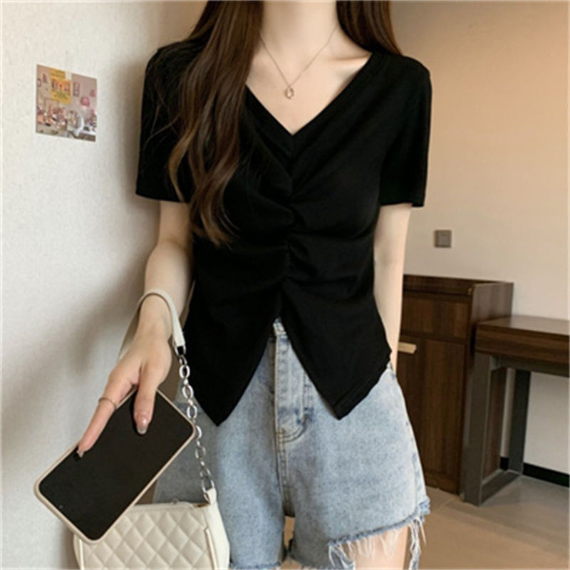 Plus Size Womens V Neck Ruched Slim Fit Short Sleeve T Shirt Unique Design Casual Wear