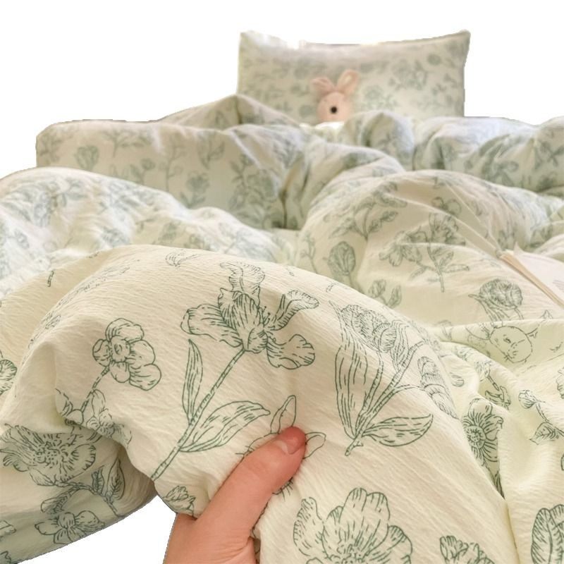 Washed Cotton Double Yarn Bed Four-piece Princess Style Cotton Quilt Cover Cotton Knitted Cotton Bed Sheet Bedding Three-piece Set