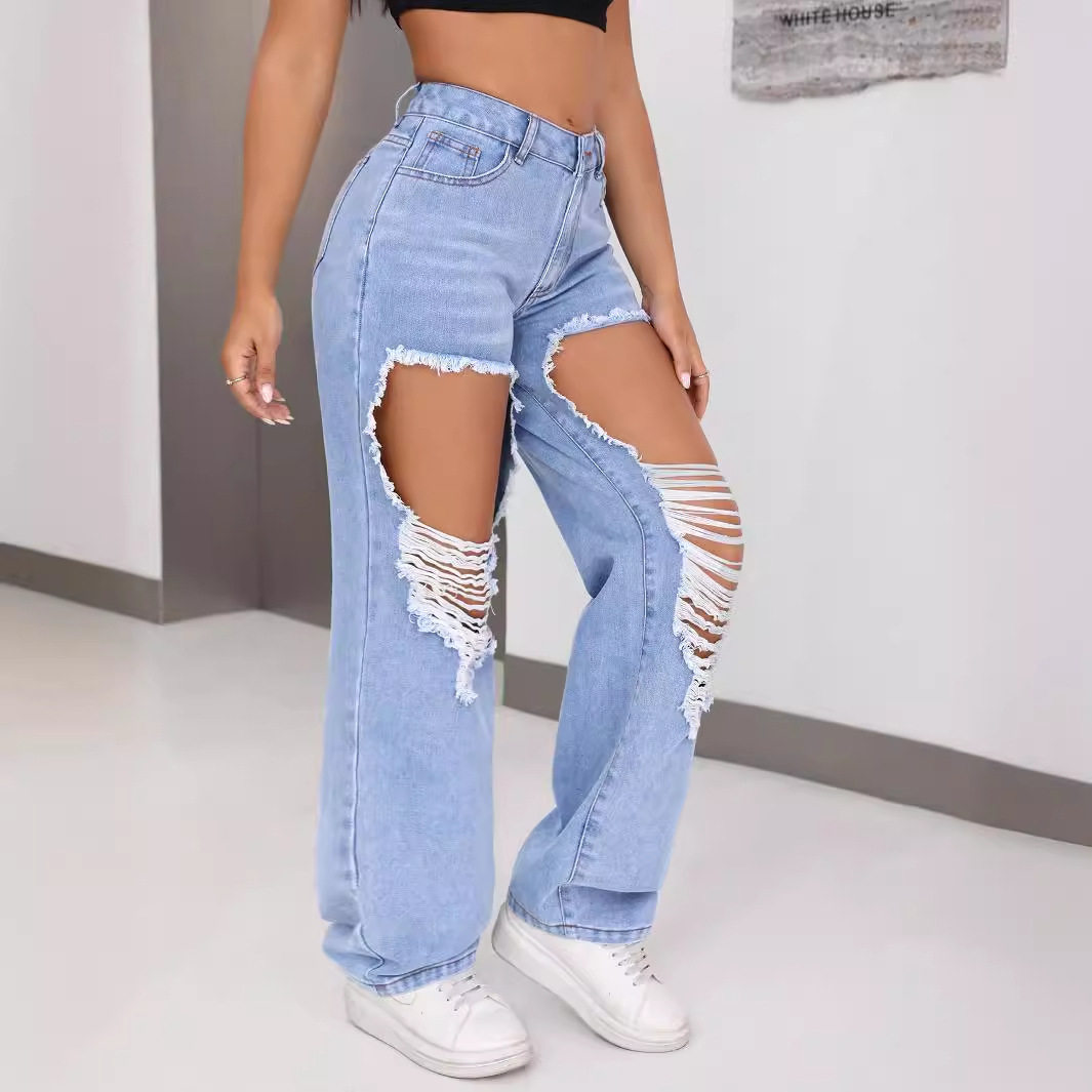 Fashionable Womens Distressed Wide Leg Straight Leg Jeans Casual Style Trendy Design Comfortable Fit Wholesale