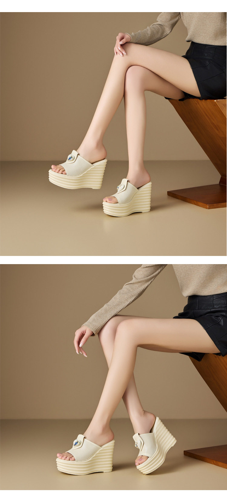 Dép sandal nữ quai chữ V da thật đế xuồng cao 12 cm — [Trắng kem], [Đen] chi tiết 3