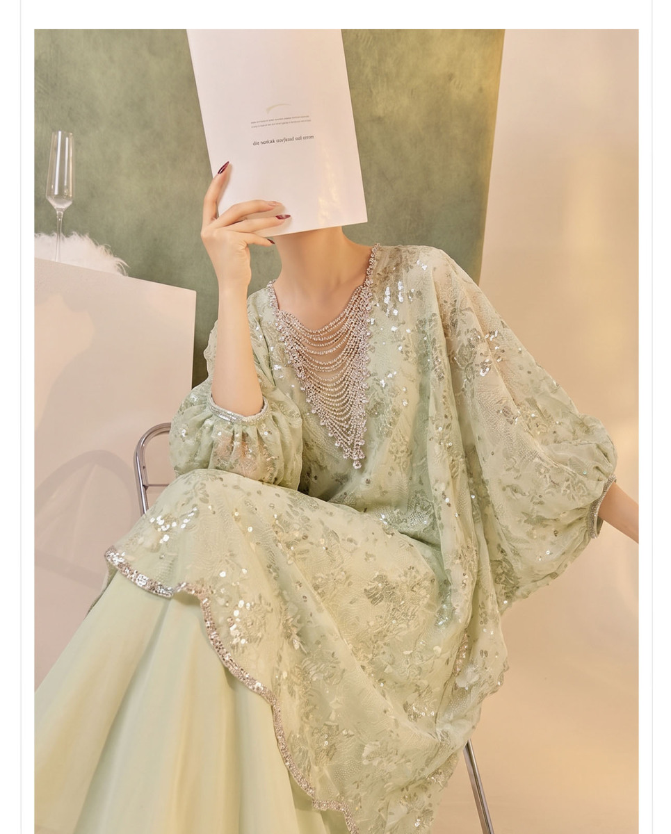 Đầm maxi nữ họa tiết hoa tay bồng cổ tròn phong cách retro — Xanh lục (giao hàng trong 7 ngày), Xanh lục (giao hàng trong ngày)