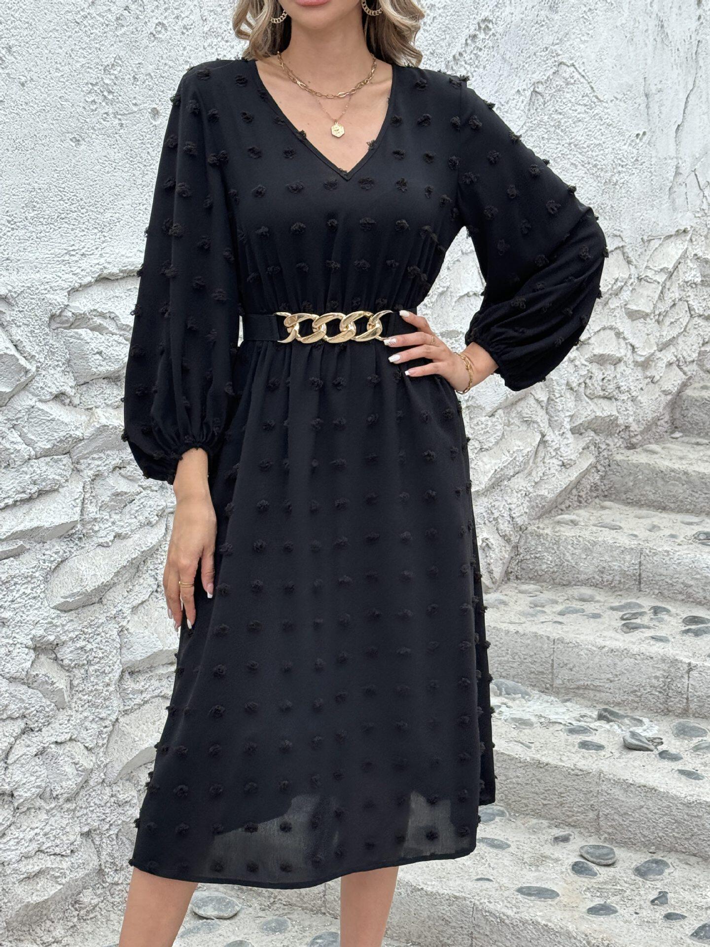 French V Neck Long Sleeve Dress Stylish Pom Detail Chic Casual Wear for Women Ready to Ship OEM ODM service