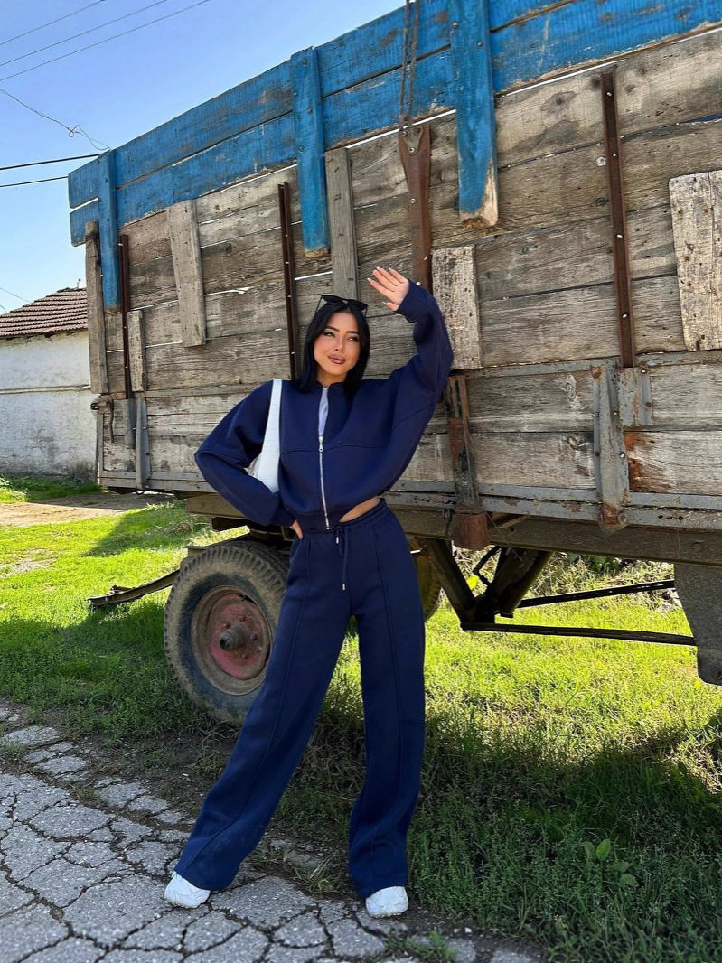 Cross-Border European and American Style Casual Suit Autumn and Winter Cardigan Sports Women's Fashion Zipper Long-Sleeved Jacket and Trousers Two-Piece Set