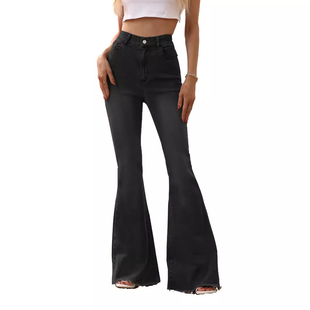 Black Frayed Hem Flare Jeans for Women High Waist Stylish Fit Versatile for Casual Wear Wholesale Available