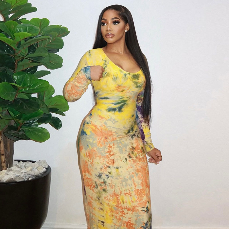 Vintage Floral Bodycon Dress for Women Long Sleeve Round Neck Slim Fit Versatile Style Perfect for Casual or Formal