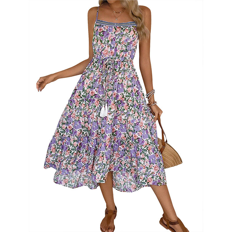 Layered Floral Print Maxi Dress Casual Style Adjustable Drawstring Comfortable Fabric Perfect for Summer Outings