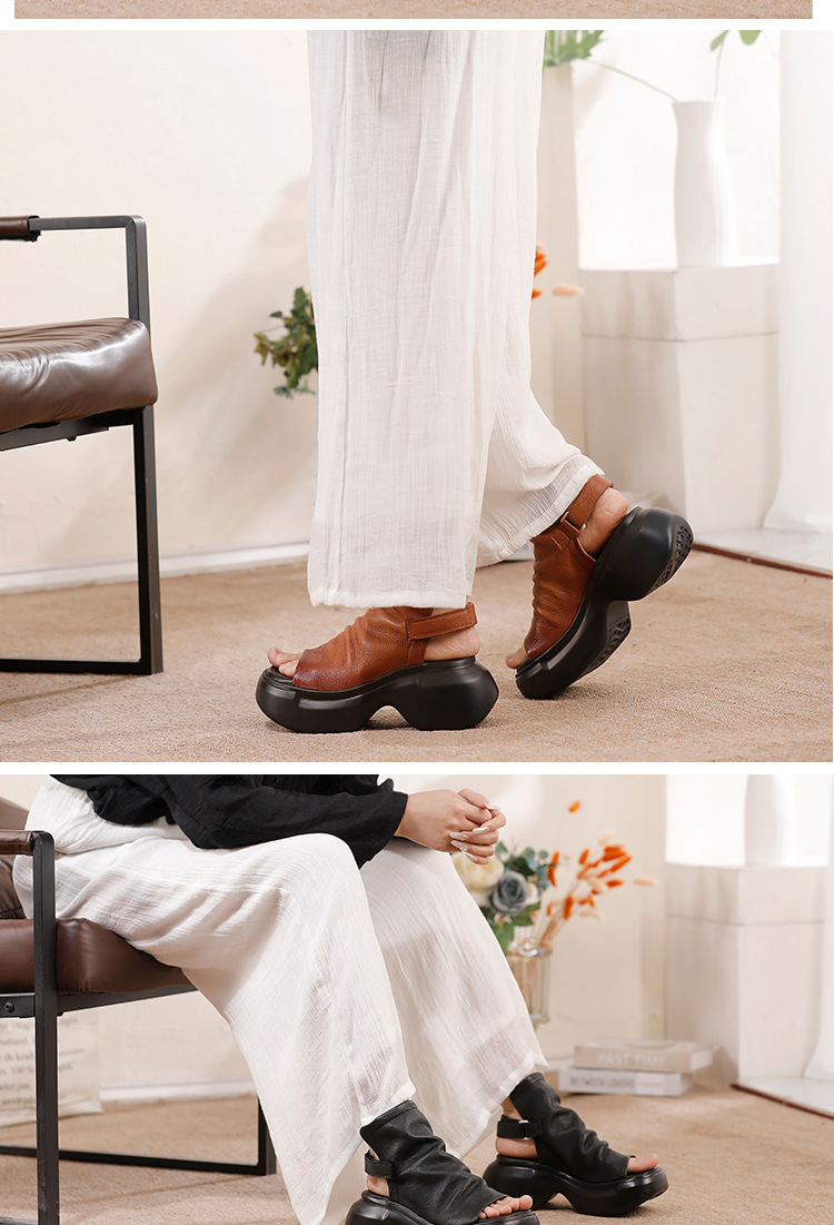 Sandal nữ mũi cá đế dày da bò thật thủ công — màu đen, Màu nâu