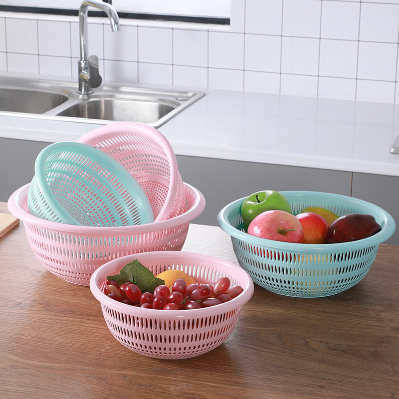 Round Hollow-out Vegetable Washing Basket Three-piece Vegetable Washing Basin Fruit Basket Plastic Draining Sieve Kitchen Vegetable Draining Basket
