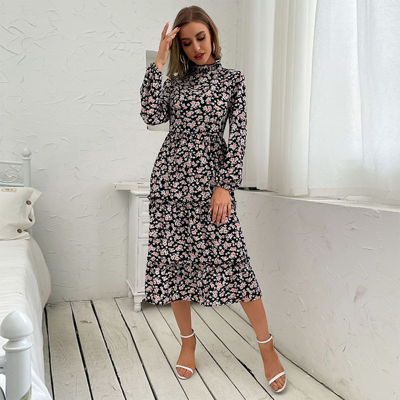 Mid Length Ruffled Print Dress High Neck Long Sleeve Autumn Winter Style Perfect for Casual or Formal Occasions