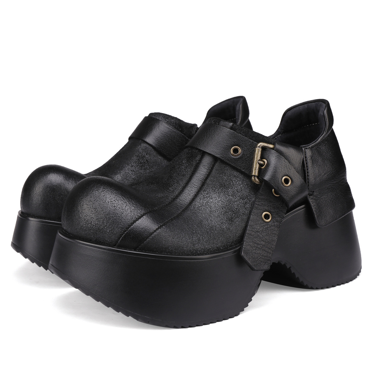 Boot nữ cổ thấp da bò thật đế dày khóa kéo hông phong cách cổ điển — Màu cà phê, màu đen