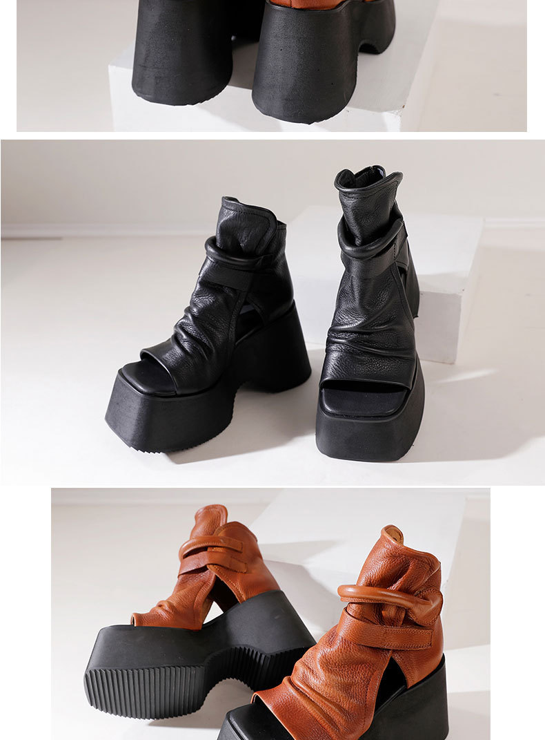 Bốt sandal nữ đế dày mũi hở cá tính phong cách cổ điển — Màu đen, Màu nâu