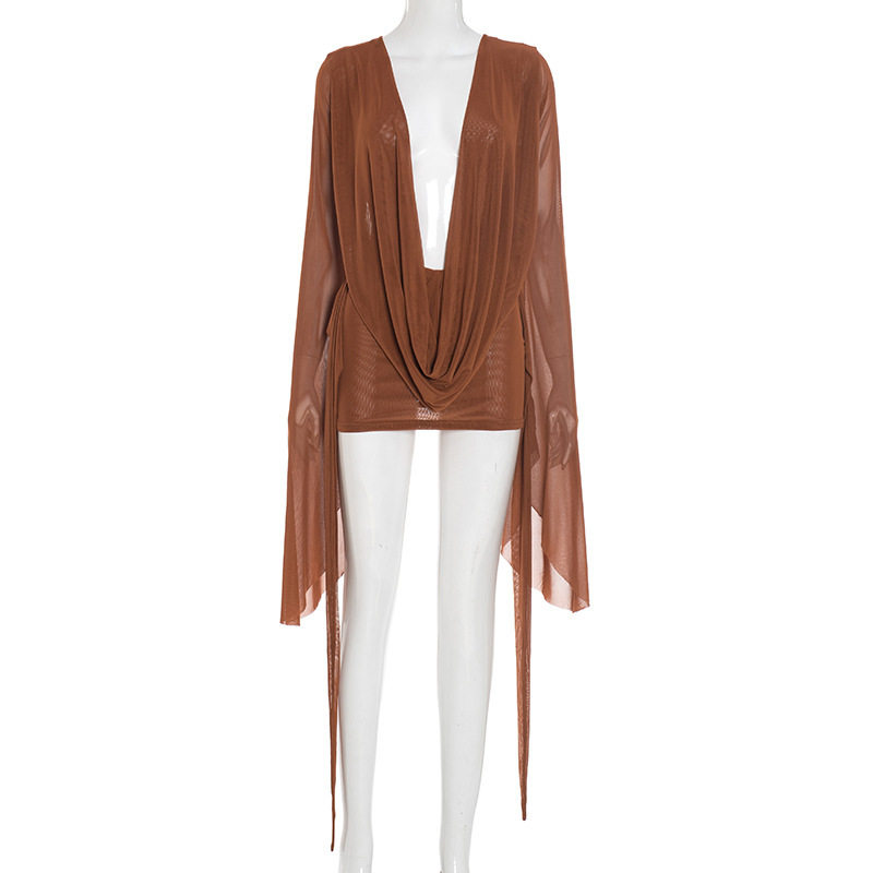 D25DS222 欧美跨境新款女装网纱荡领大摆长袖露背A字短袖连衣裙女