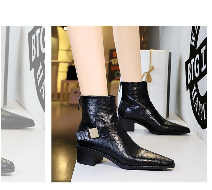 Boot nữ cổ thấp gót vừa mũi nhọn khóa kim loại phong cách Âu Mỹ — Lớp lót nhung đen, Lớp lót nhung màu nâu sẫm, Màu đen, Màu nâu đậm