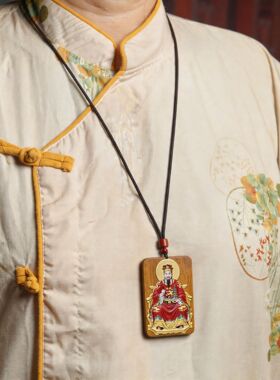 枣木精雕彩绘文昌帝君吊坠道家小雷击枣木浮雕木牌车载无事牌吊坠