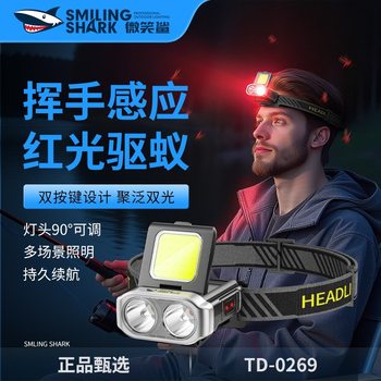 Smiling Shark's New Night Fishing Red Light Mosquito Repellent Rechargeable Outdoor Headlight Sensor Strong Light Lighting Head-Mounted Clip-On Hat Light