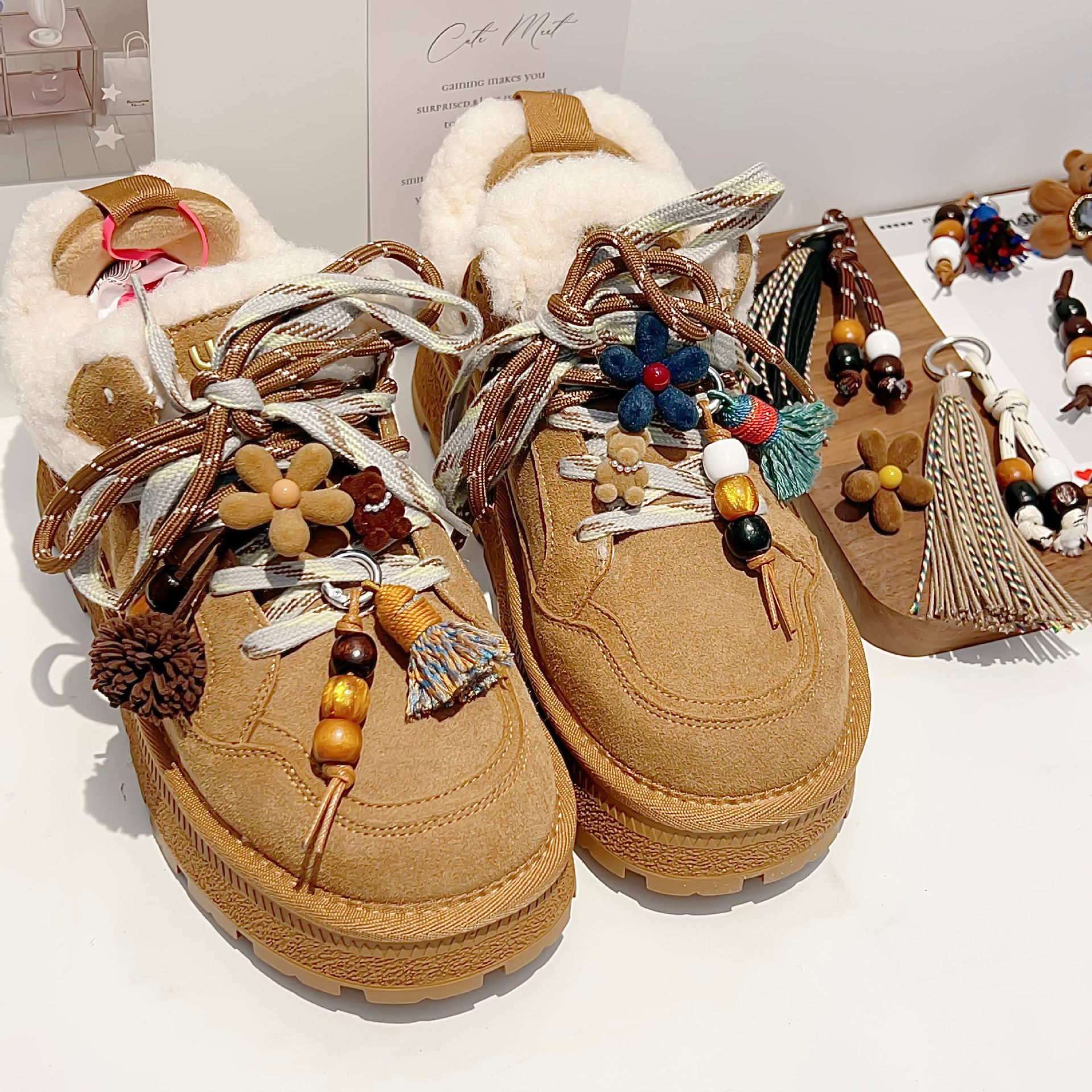 Miu Shoelace Buckle Shoe Flower Decoration Moral Training Muller Women's Shoes Snow Boots Decorative Accessories Ethnic Style Tassel Hanging