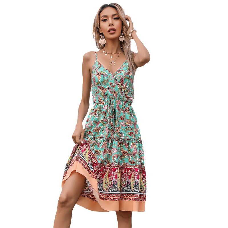 Vintage Paisley Print Short Dress Sexy Sleeveless Design with Ruffle Trim Perfect for Summer Parties Wholesale Available