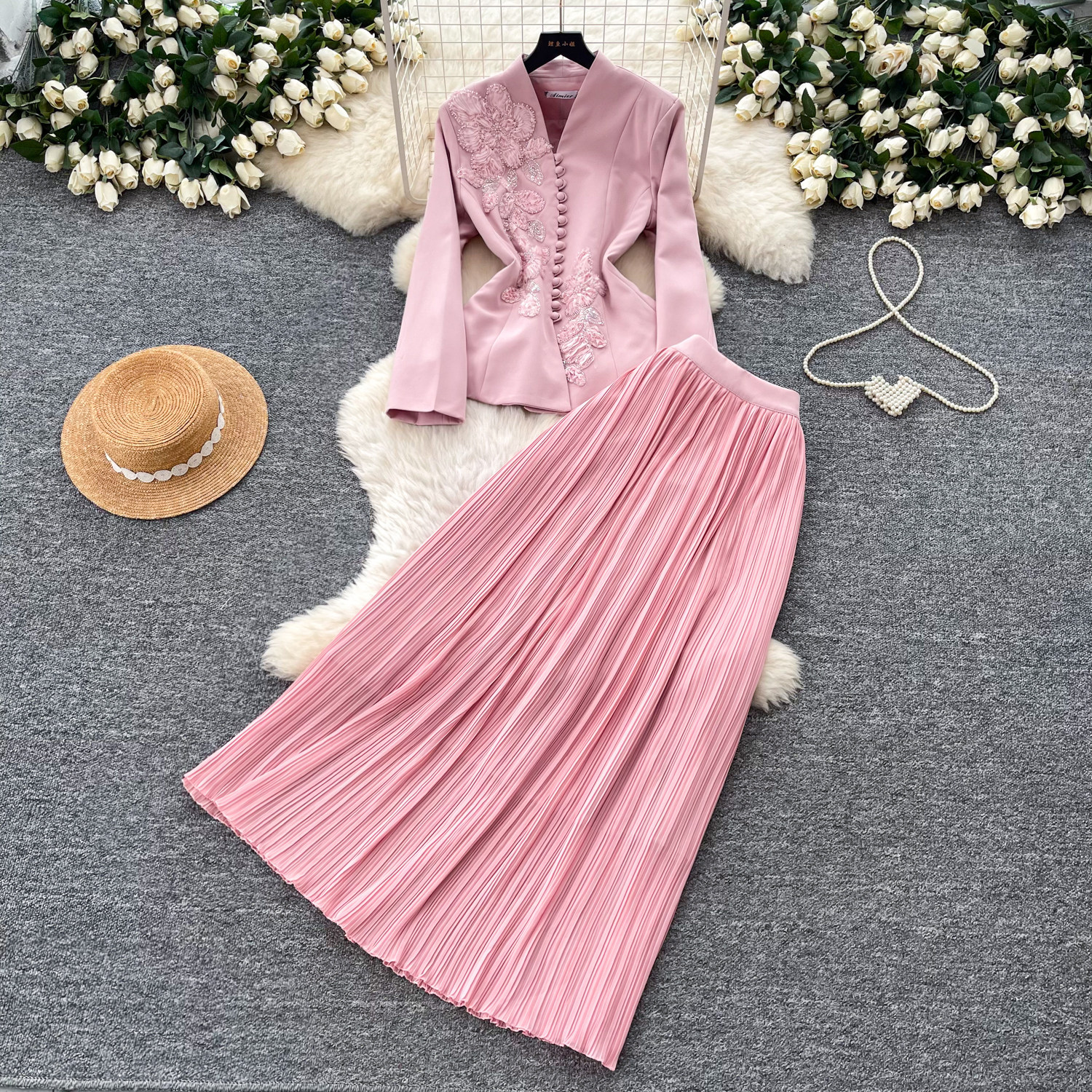 French Chic V Neck Embroidered Jacket with High Waisted Pleated Skirt Elegant Slim Fit Stylish Spring Fall Womens