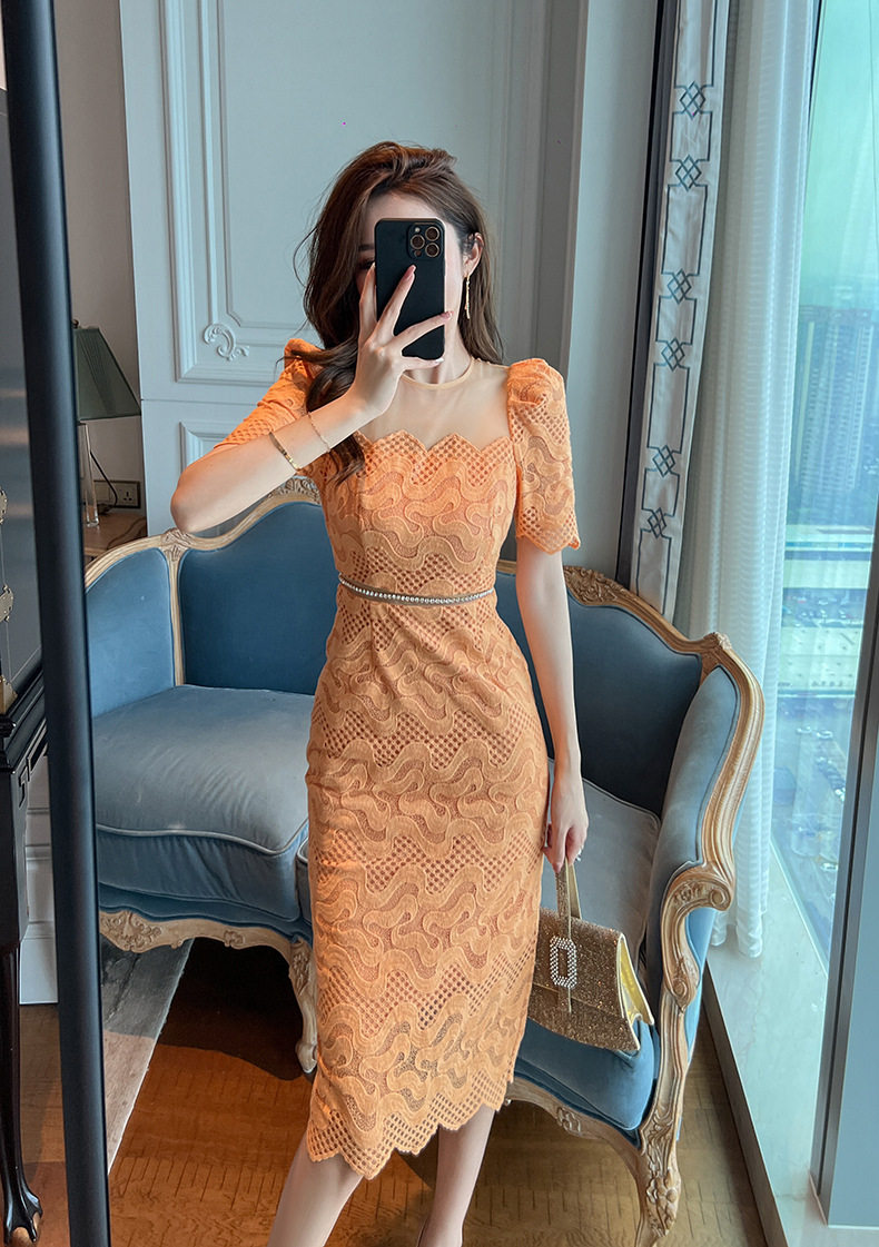 Đầm ren ôm body nữ cổ tròn tay ngắn cao eo — [Xoài đá] chi tiết 11