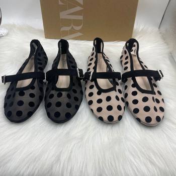 Za2025 New Winter Style Retro Flats Shallow Mouth Flats Mesh Breathable Black Polka Dot Versatile Flats Shoes