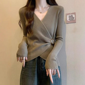 plus size Design Sense Shoulder Long-sleeved Knitted Sweater Women's Early Autumn Irregular chubby girl Flesh Covering Slim Inner Base Top