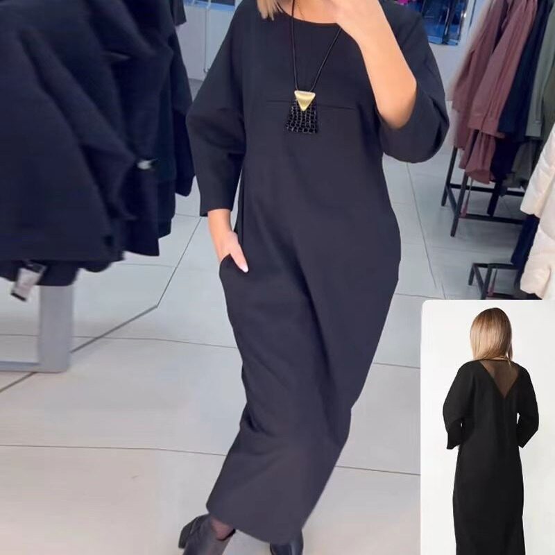 Long Sleeve Pocket Dress Solid Color Round Neck Casual Style Autumn Winter Fashion for Women Wholesale Available
