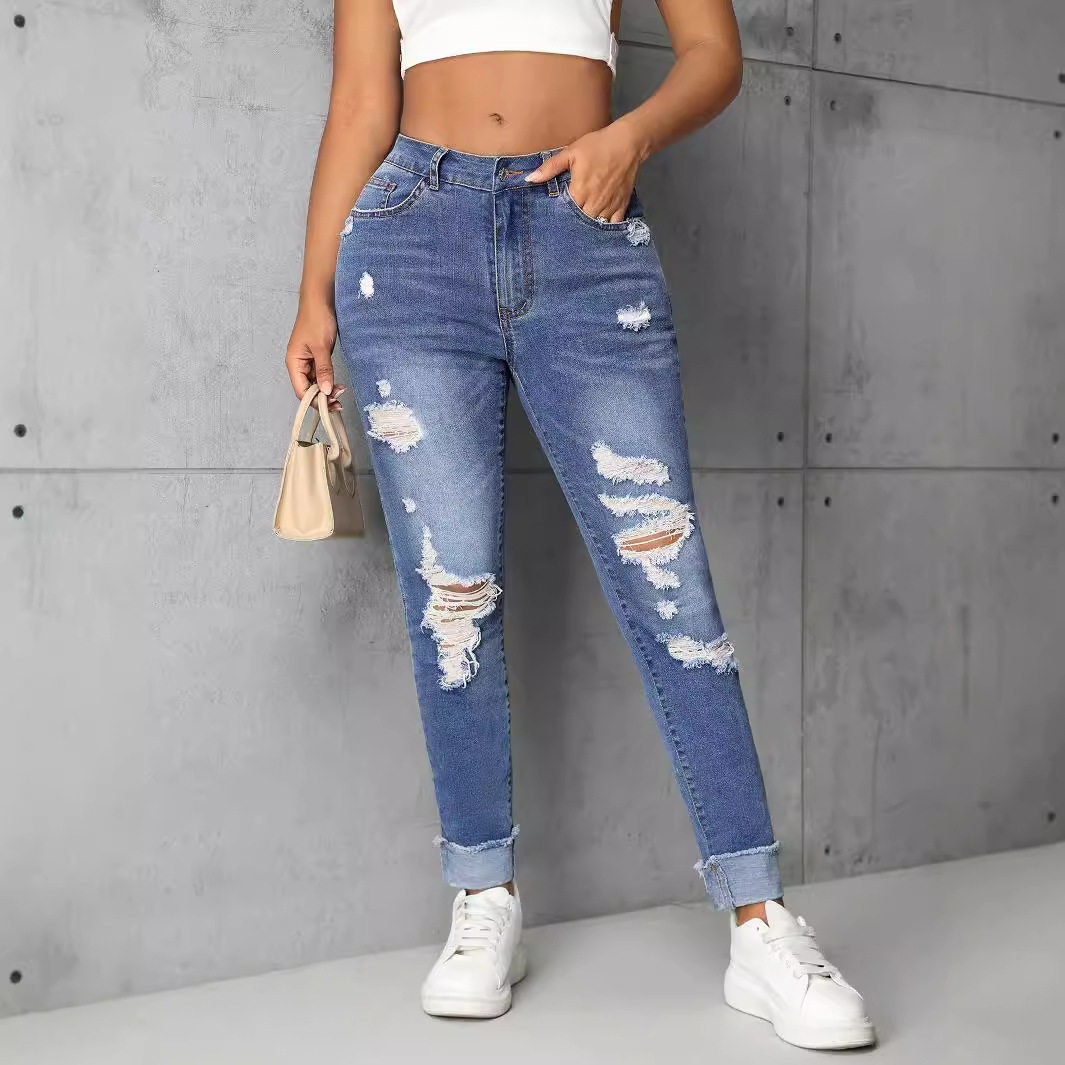 Womens Slim Fit Ripped Straight Leg Jeans Trendy Casual Style Perfect for Everyday Wear Wholesale Available