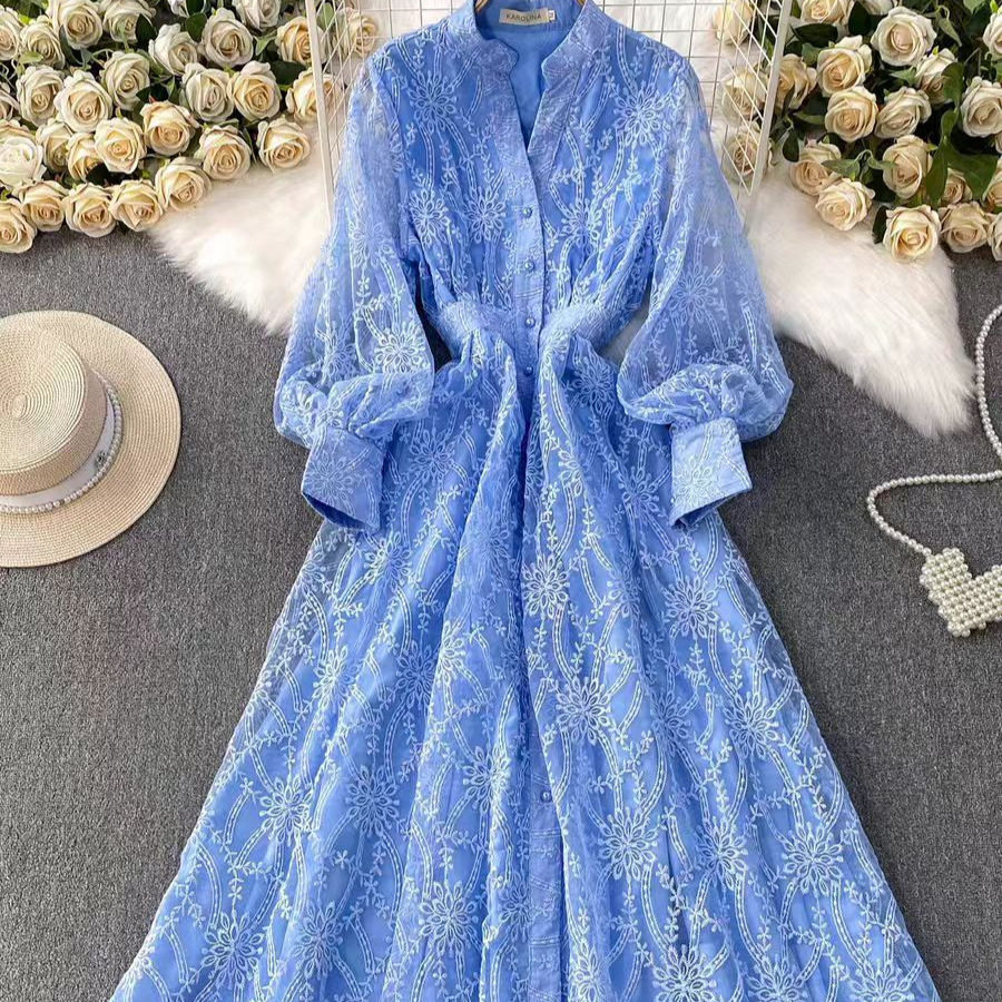 French Vintage Elegant Dress High End Aesthetic Stand Collar Single Breasted Embroidered Waist Defining Evening