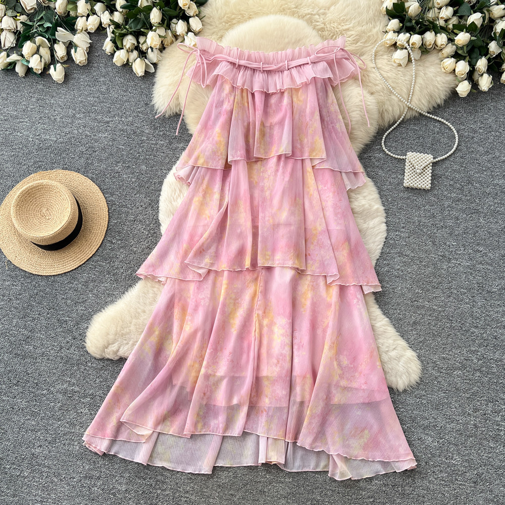 French Vacation Style Pink Ruffle Hem A Line Dress Sleeveless Off Shoulder Elegant Design Perfect for Summer Events