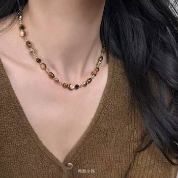 Maillard Natural Stone Tiger Eye brown Pearl Beaded Necklace High-grade Women's 2024 Autumn and Winter New Woolen Chain