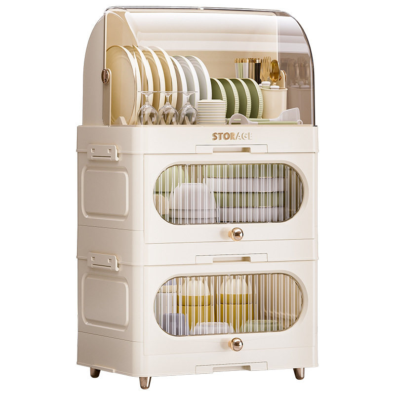 Cross-Border Multi-Layer Kitchen Drain Cupboard Flip-Top Folding Dust-Proof Dish Rack Kitchen Tableware Storage Rack