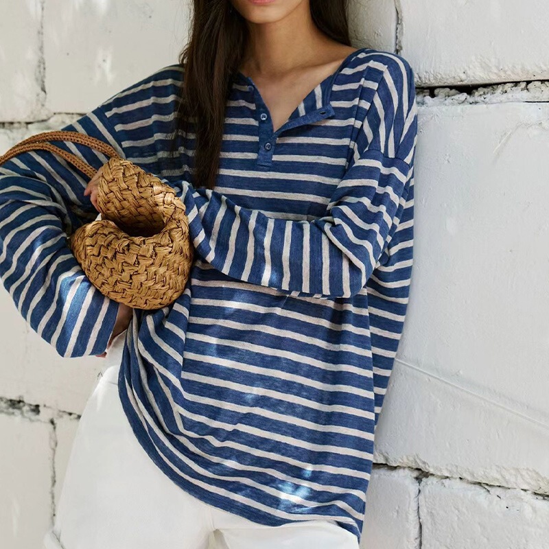Áo thun nữ cổ Henley sọc dài tay phối màu phong cách rộng rãi — Xanh biển đảo