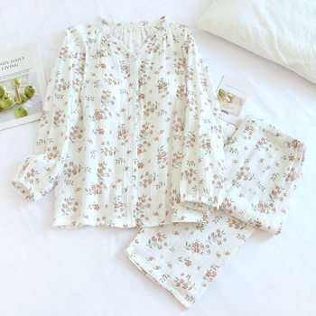 Spring and Summer Postpartum Clothing with Breast Pads, Spring and Autumn Pure Cotton Gauze Postpartum Nursing Pajamas, Pregnant Women's Summer Thin Four-Season Clothing
