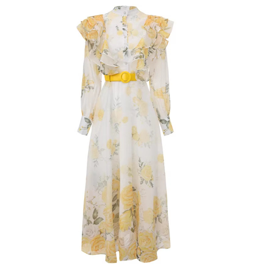 Elegant Summer Maxi Dress Korean Style Rose Print Hollow Out High Waist Lantern Sleeves Perfect for Work or