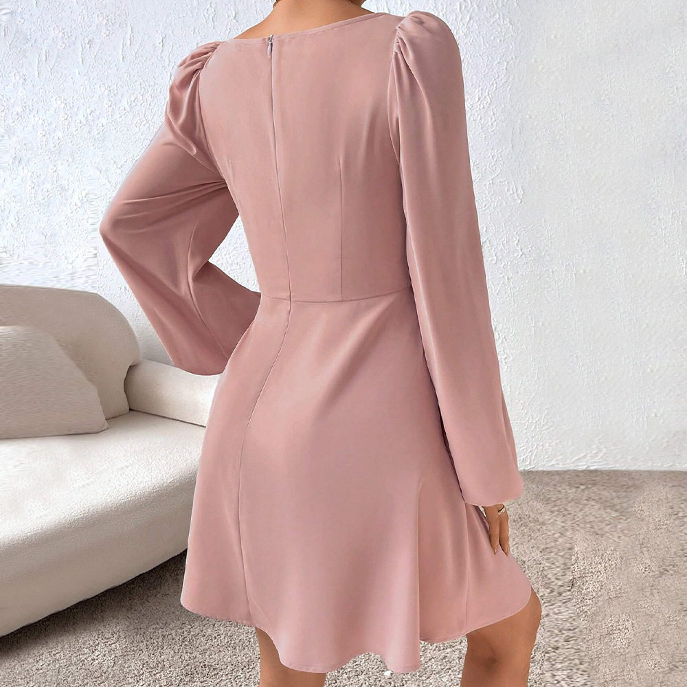 A Line Dress Waist Defined Puff Sleeves Square Neck Sweet Style for Autumn and Winter Wholesale Available