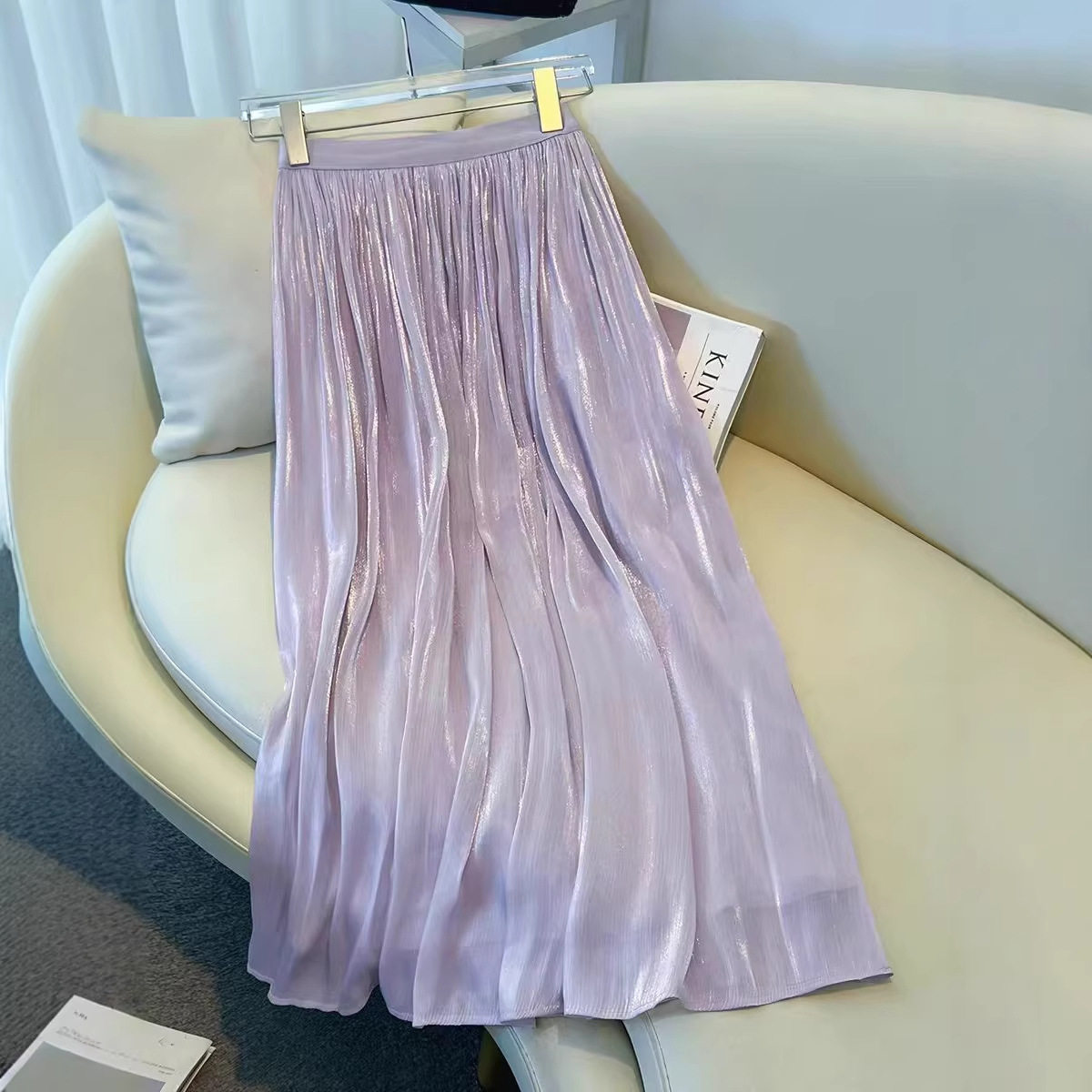 A Line Pleated Skirt Flattering Fit Lightweight Fabric Versatile Beige Color Spring Summer Fashion Wholesale