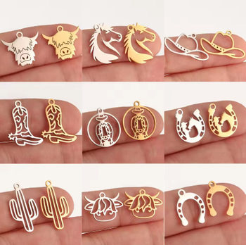 Cross-Border New Western Cowboy Boots Horseshoe Cactus Stainless Steel Polished Jewelry DIY Pendant Accessories