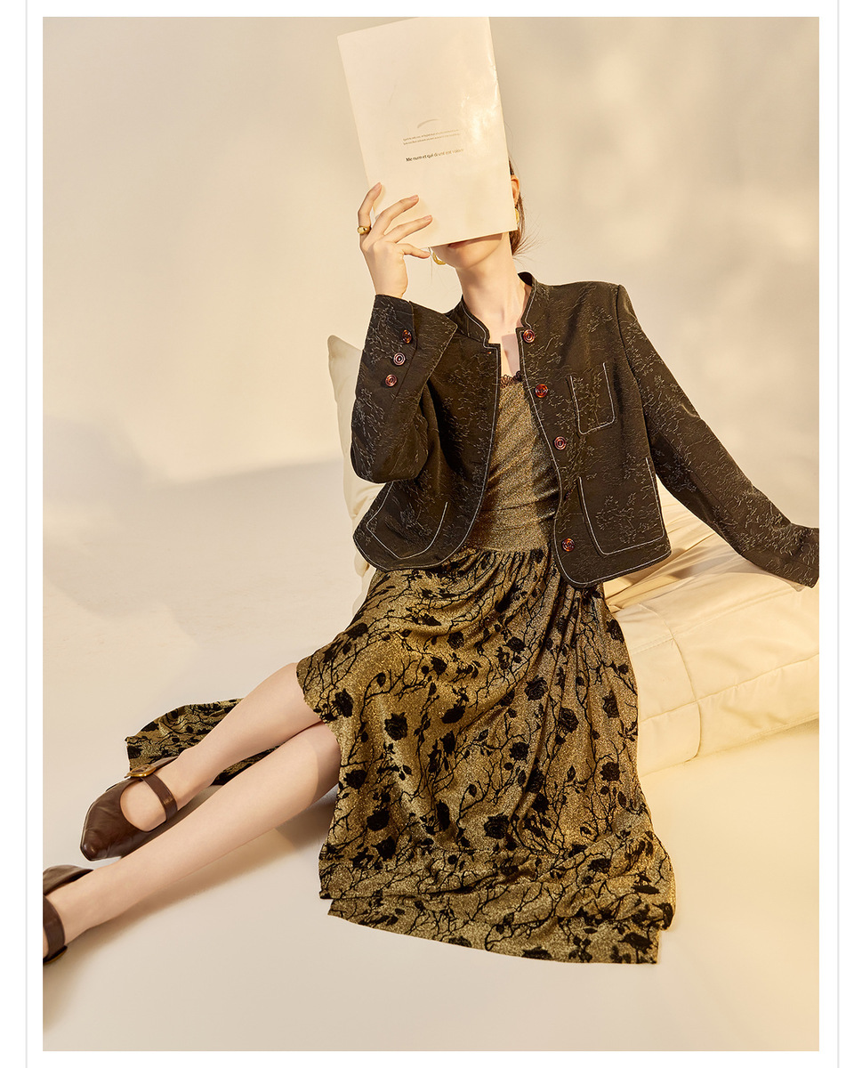 Áo khoác ngắn dệt jacquard họa tiết hoa cổ tròn tay dài phong cách retro — Lan Dạ Hắc (giao hàng 7 ngày)
