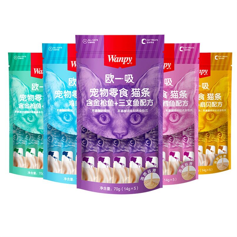 ขนมแมว Wan Naughtpy แบบแถบ Ouyi อาหารเปียกผสมสำหรับแมวโตและลูกแมว ขนมแมวเปียก ขนาด 14 กรัม*5 ชิ้น