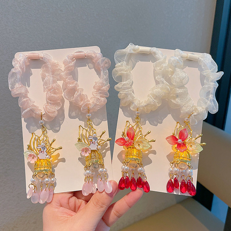 Mid-Autumn Festival Kidsren's Hair Accessories Luminous Lantern Headband Girls Ancient Style Tassel High Elastic Hair Rope Ball Hair Circle Headdress