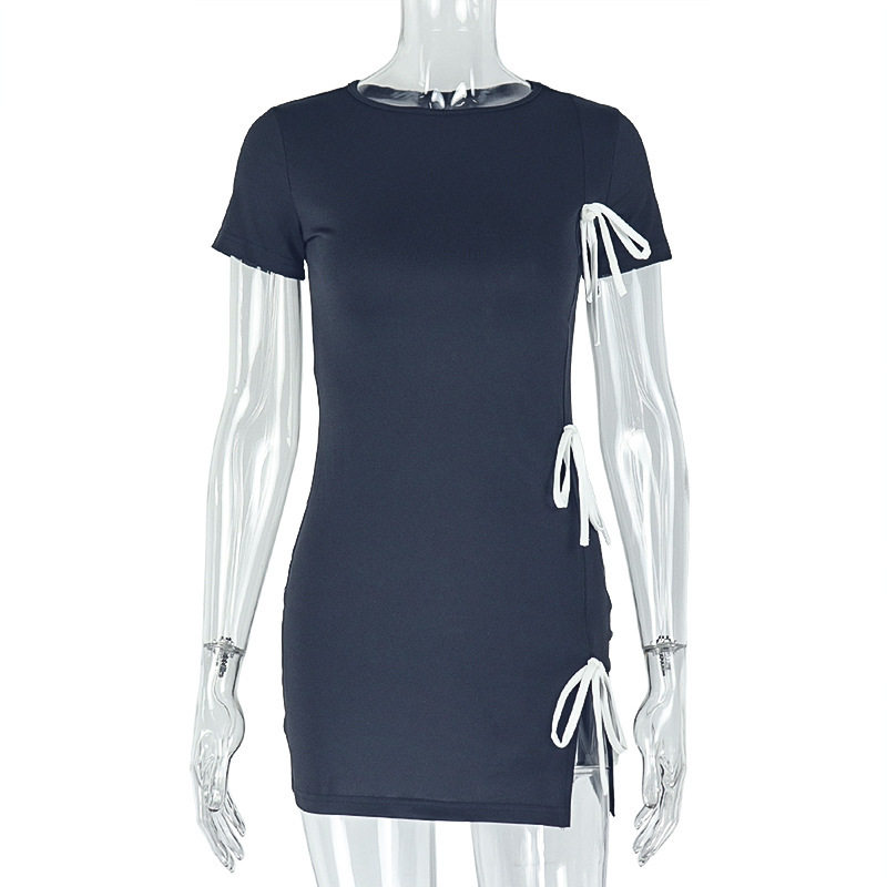 Fashionable Womens Bodycon Dress Ruffled Design Tie Waist High Neck Short Length Split Hem Perfect for Parties