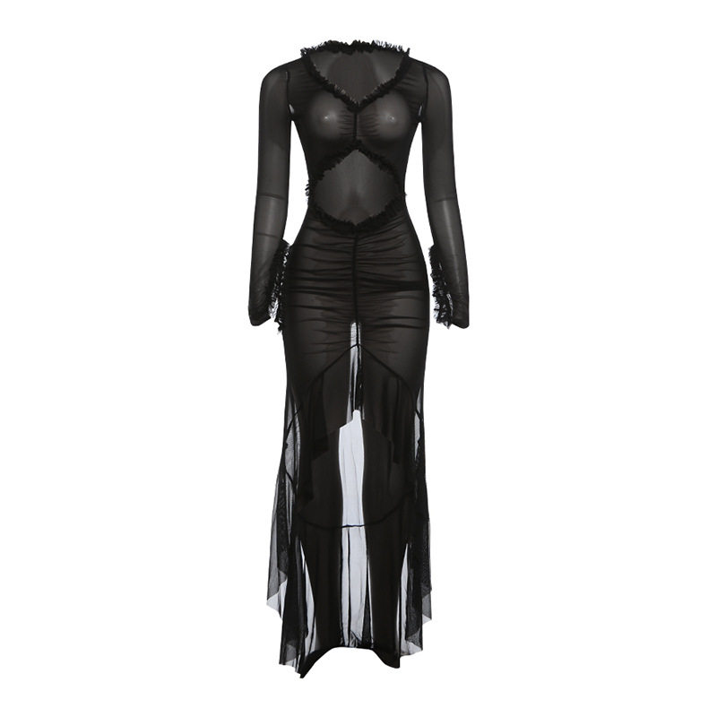 Summer Womens Dress V Neck Sheer Hollow Out Ruffled Lace Slim Fit Perfect for Parties and Events Wholesale