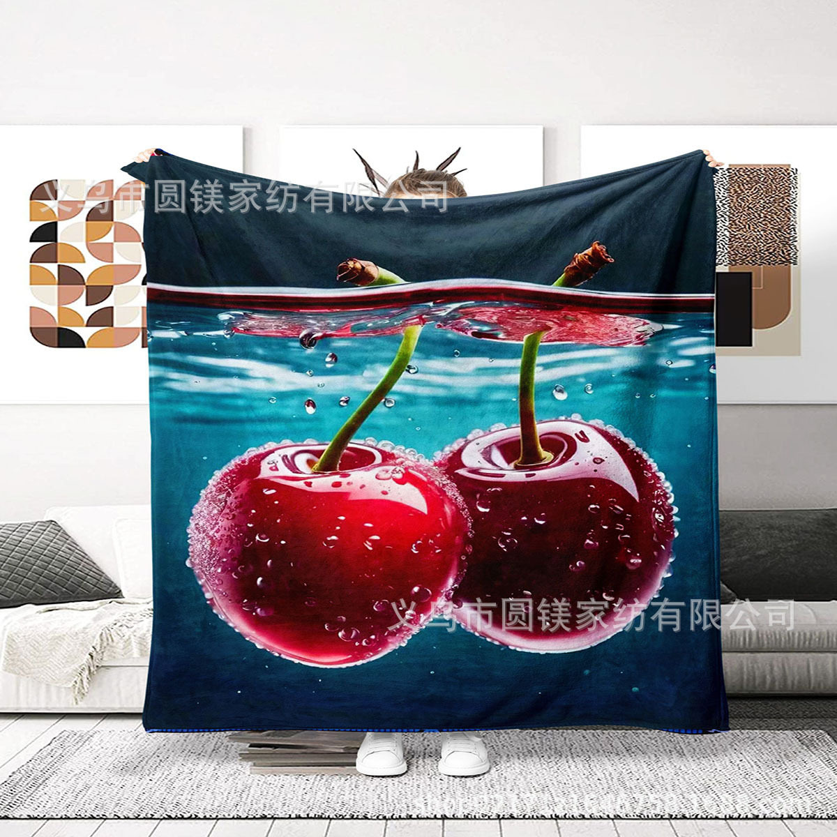 Cherry Print Four Seasons Casual Flannel Blanket, Office Lunch Break Blanket Air Conditioning Blanket Support