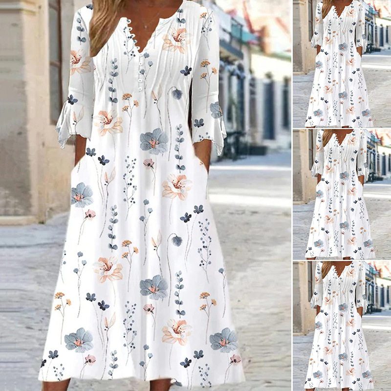 Floral Print V Neck Dress Adjustable Strap Elegant Style Suitable for Spring and Summer Wholesale Available