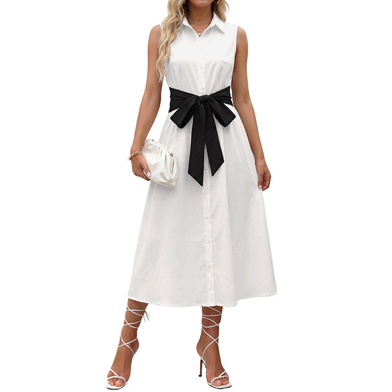 Sleeveless Color Block Shirt Dress Minimalist Design Bow Detail Suitable for Work or Casual Wear OEM Available