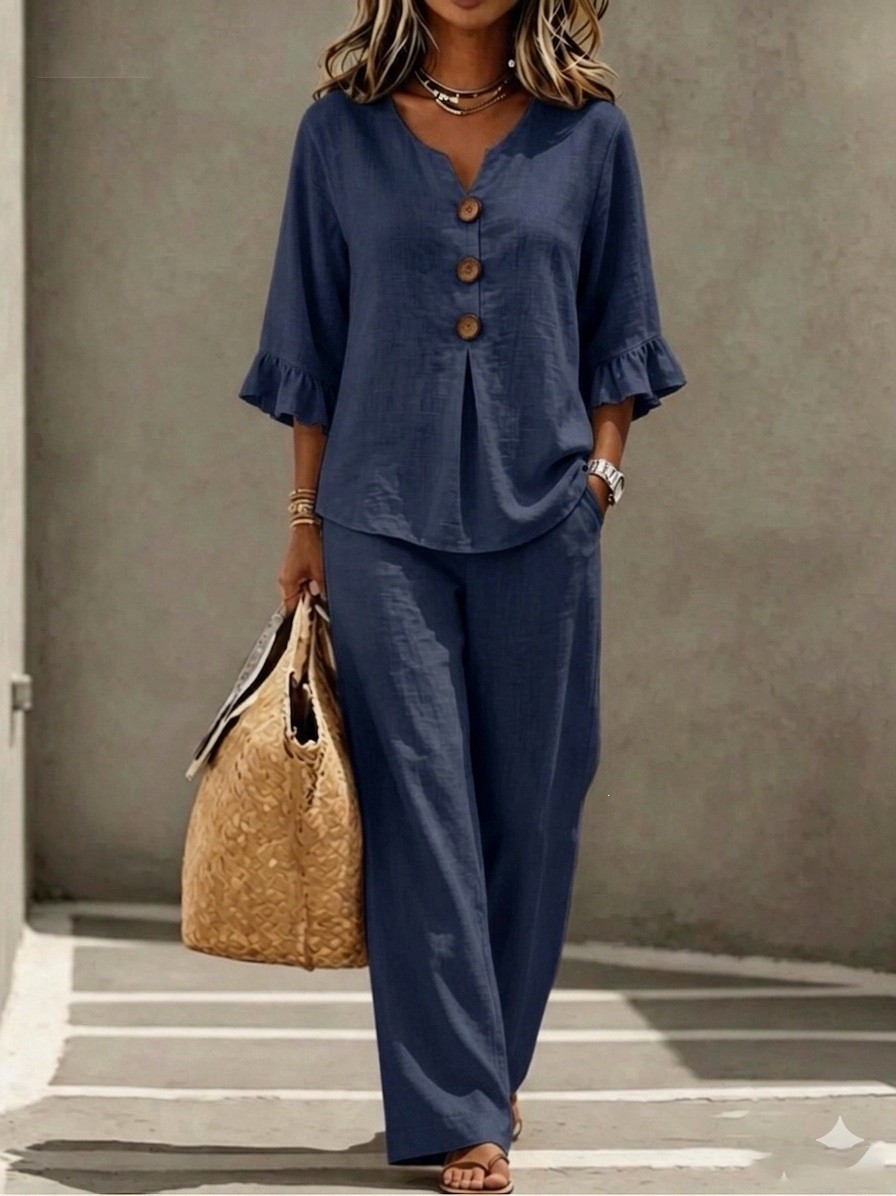 Summer V Neck Casual Top and Long Pants Set Short Sleeve Pocket Design Comfortable Fabric Perfect for Everyday Wear