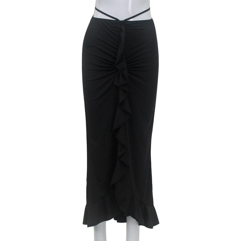 Elegant French Style High Waisted Midi Skirt Slim Fit Ruffled Hem Lace Up Design Perfect for Casual or Formal