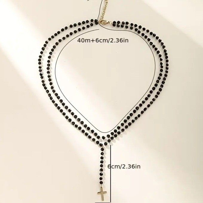 European and American Cross-border Personality Retro Crystal Beaded Clavicle Chain Diablo Party Niche Multi-layer Cross Pendant Necklace