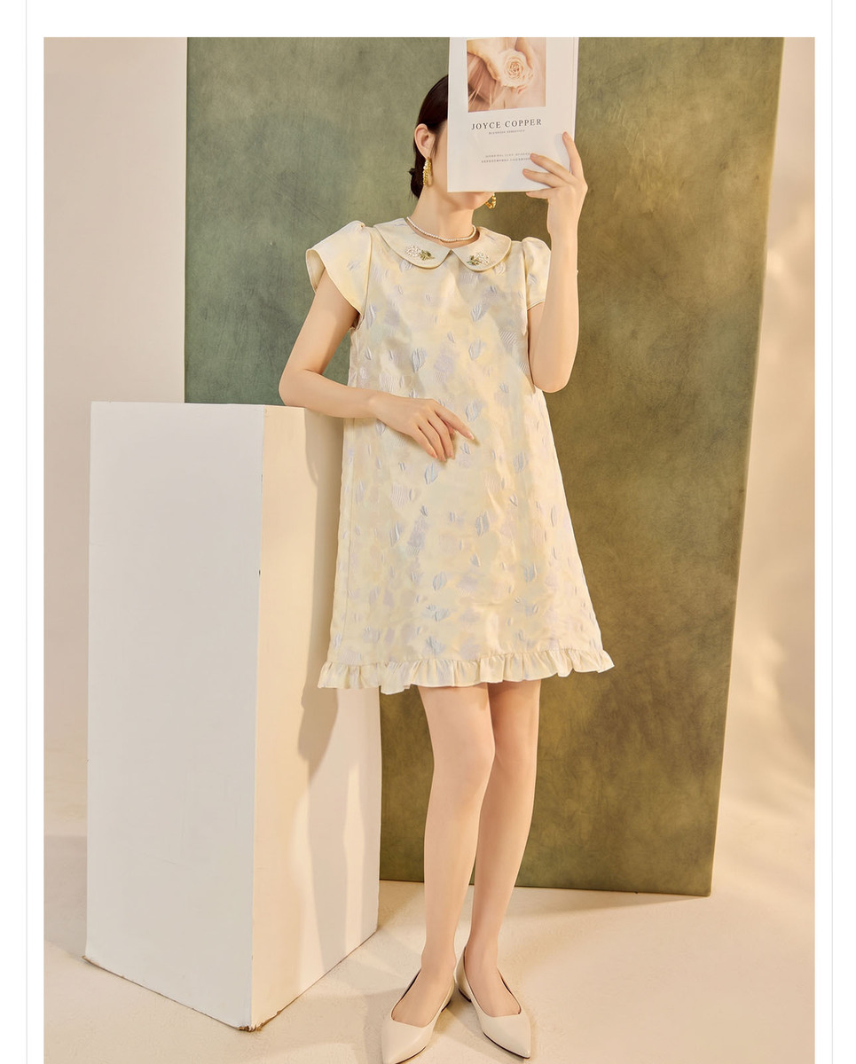 Đầm liền họa tiết jacquard cổ búp bê tay ngắn dáng chữ A — Phô mai vàng (giao hàng trong 7 ngày), Phô mai vàng (giao hàng trong ngày)