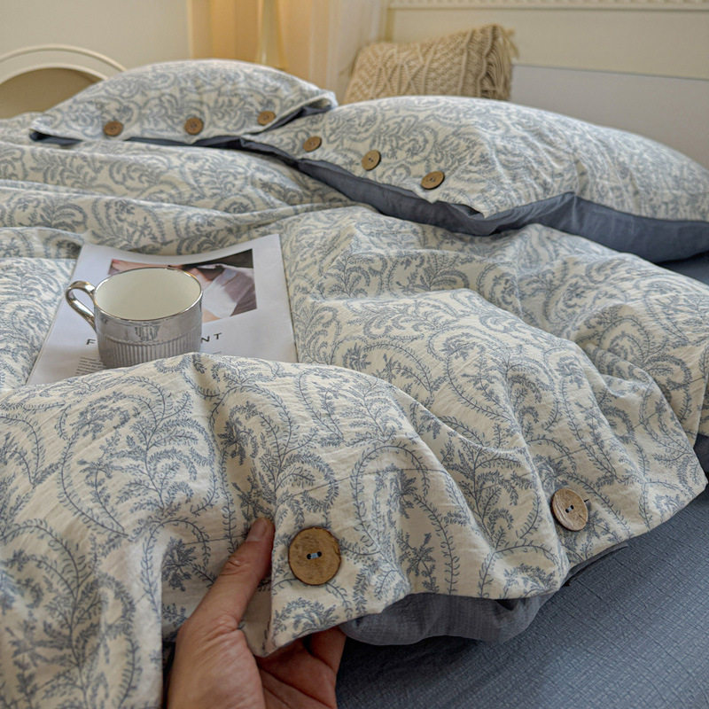 Cotton Raw Linen Four-Piece Set Floral Retro Button Style Pure Cotton Fitted Sheet Single Quilt Cover Dormitory Three-Piece Bedding Set